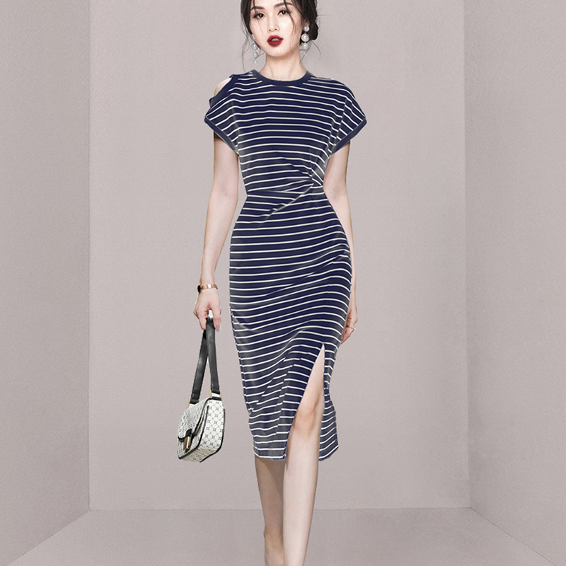 Stripe summer short sleeve strapless long dress for women
