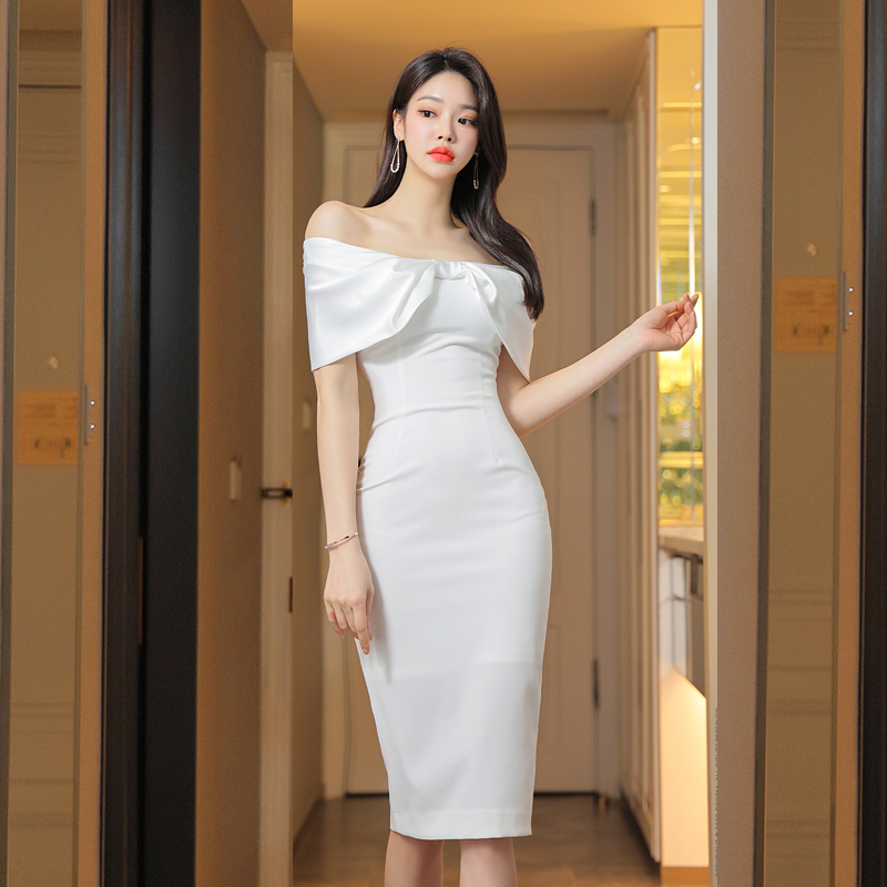 Long Korean style summer flat shoulder fashion dress