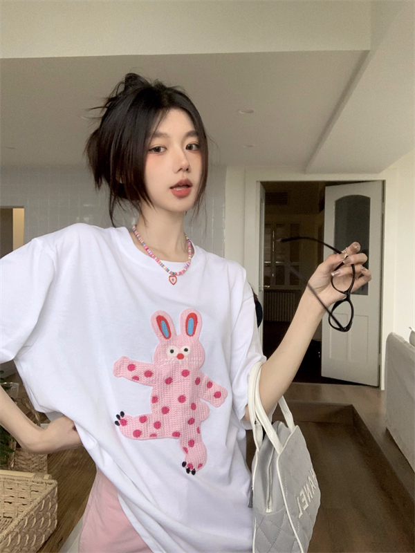 Cartoon bottoming Casual T-shirt round neck white printing tops
