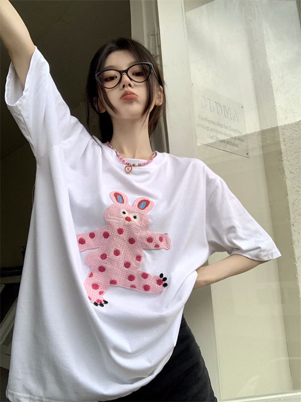 Cartoon bottoming Casual T-shirt round neck white printing tops