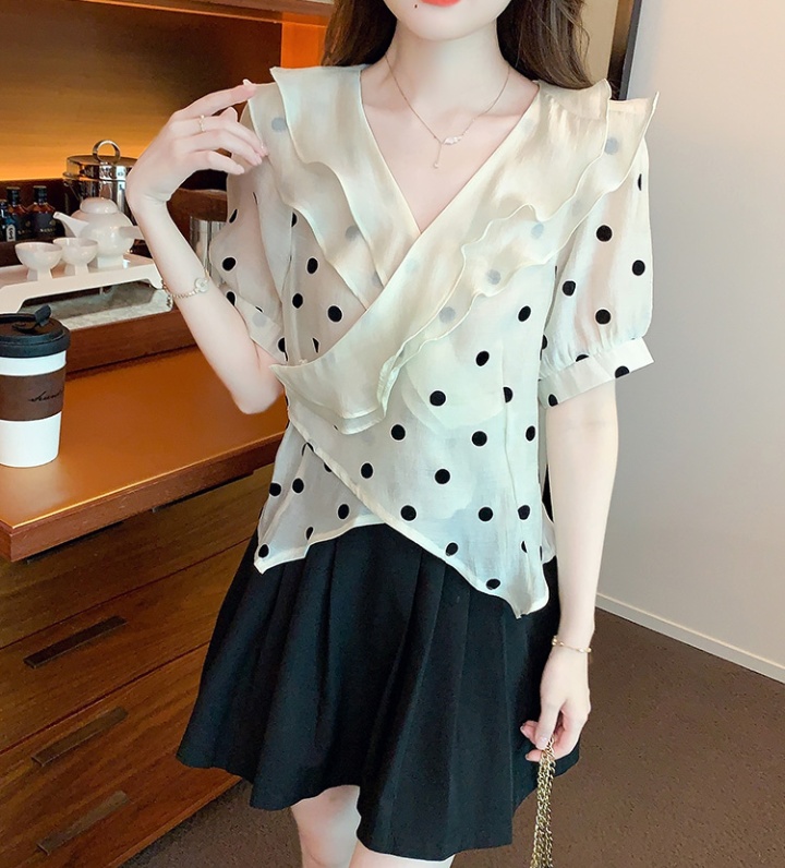 Short sleeve flocking tops polka dot summer shirt for women