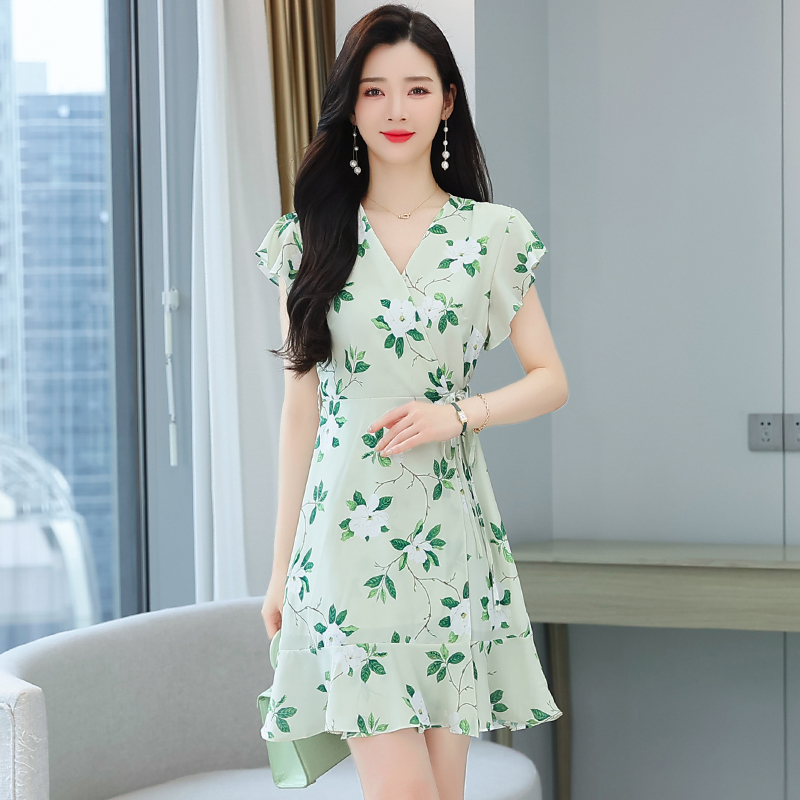 A slice printing chiffon elegant summer Korean style dress