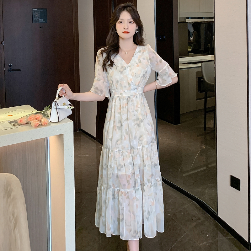 Floral exceed knee dress summer long dress for women
