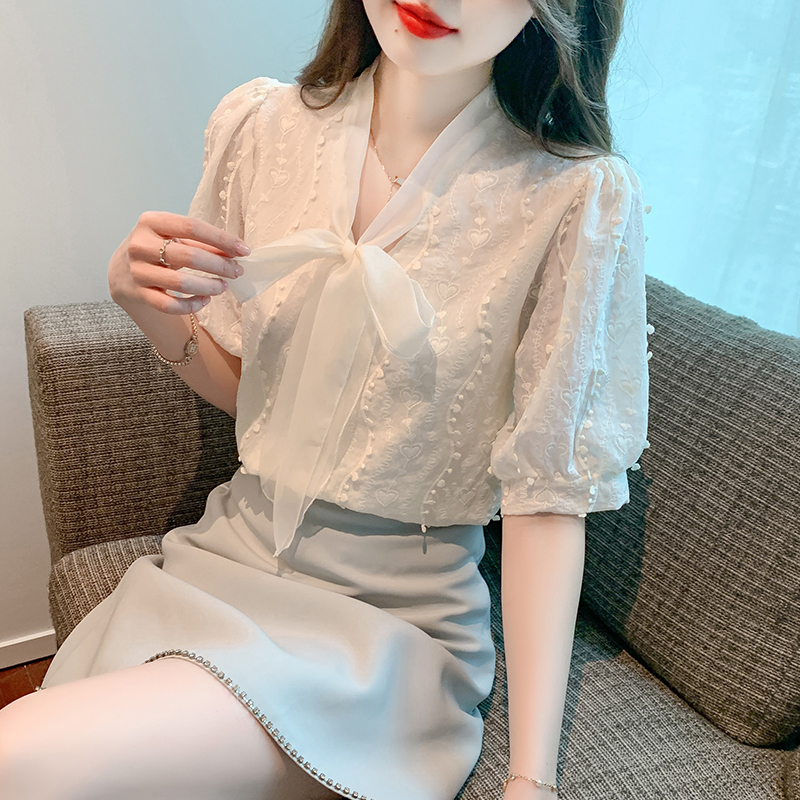 Frenum all-match short sleeve embroidered Korean style bow shirt