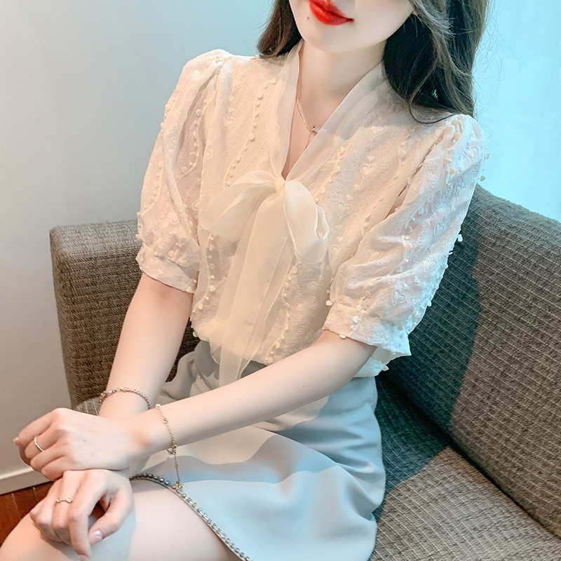 Frenum all-match short sleeve embroidered Korean style bow shirt