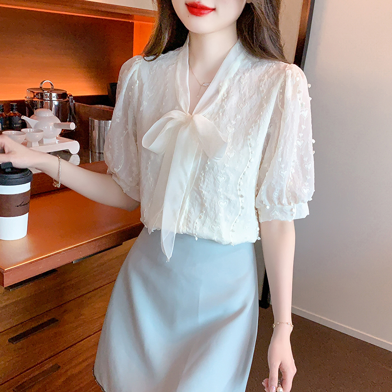 Frenum all-match short sleeve embroidered Korean style bow shirt