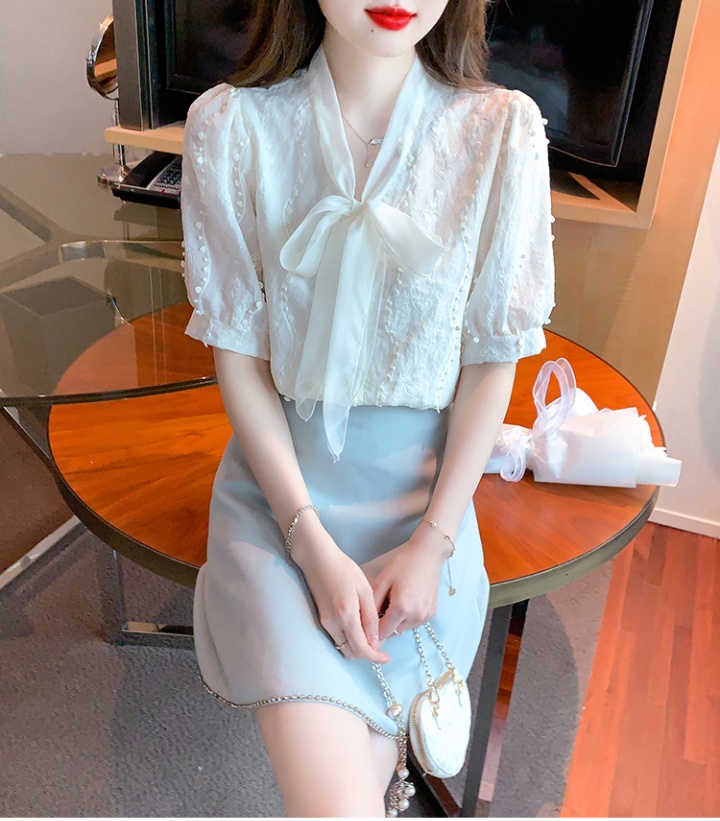 Frenum all-match short sleeve embroidered Korean style bow shirt