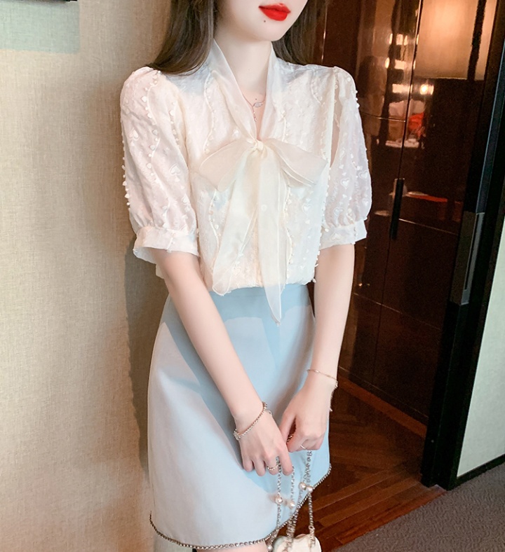 Frenum all-match short sleeve embroidered Korean style bow shirt