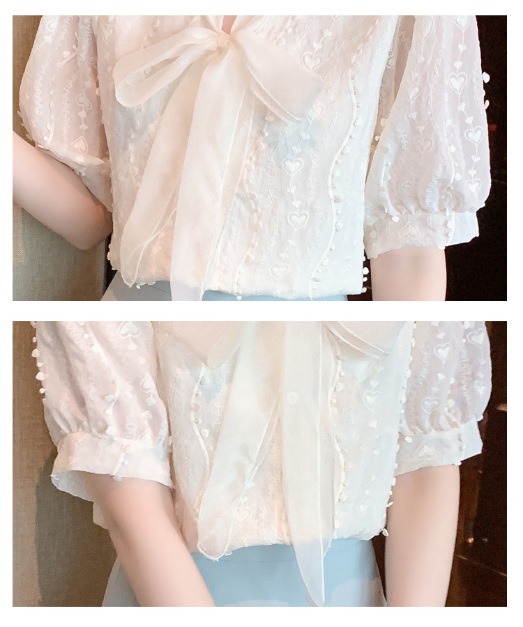 Frenum all-match short sleeve embroidered Korean style bow shirt