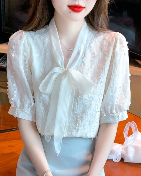 Frenum all-match short sleeve embroidered Korean style bow shirt
