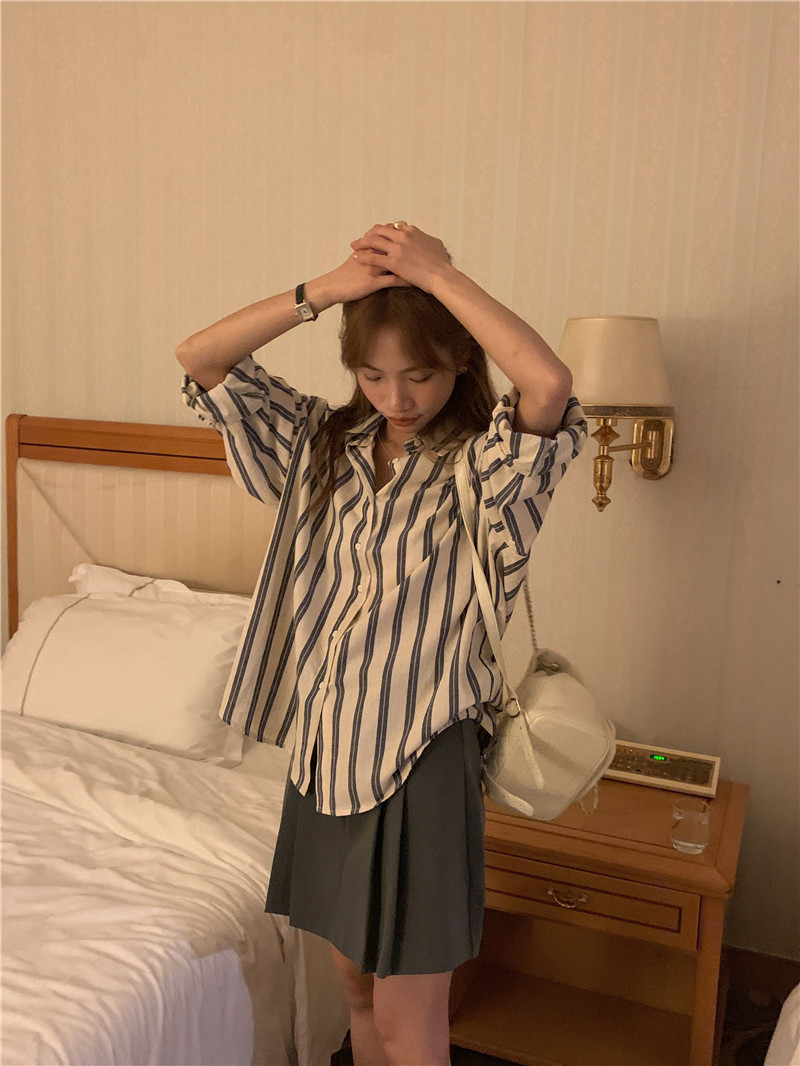 Long sleeve stripe all-match Korean style simple shirt