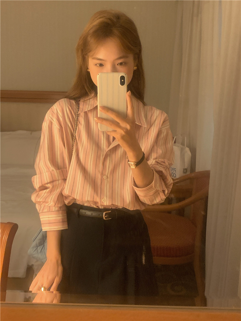 Long sleeve stripe all-match Korean style simple shirt