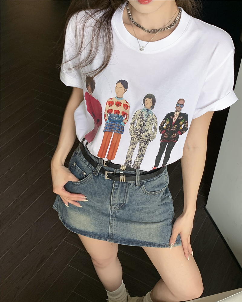 Pattern short sleeve Korean style retro printing T-shirt