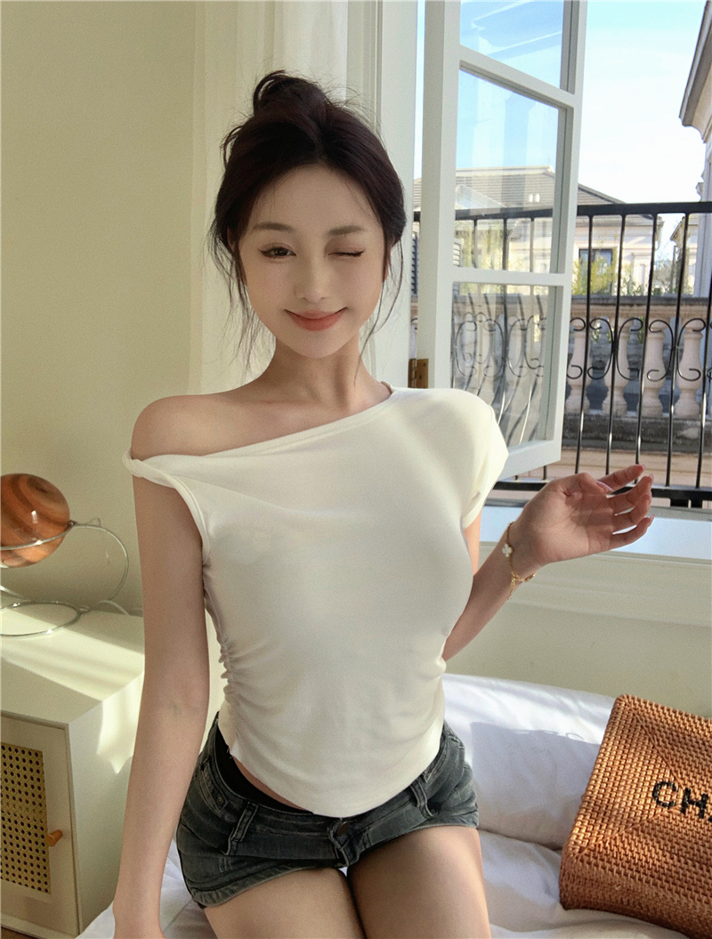 Flat shoulder short sleeve sexy tops slim bottoming T-shirt
