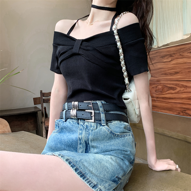 Unique bottoming white tops bandage short bow T-shirt