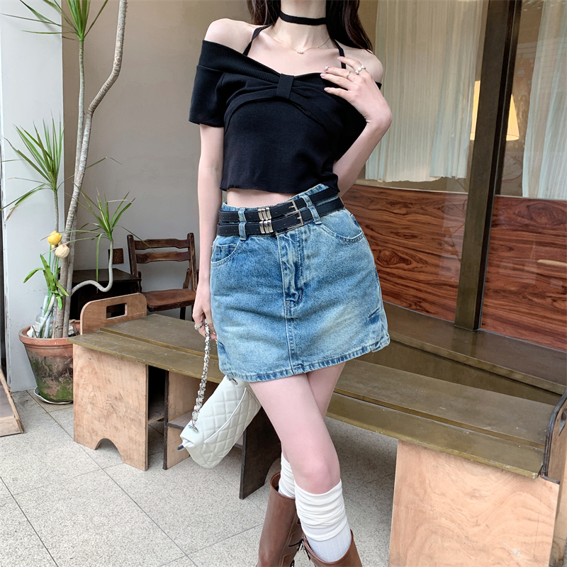 Unique bottoming white tops bandage short bow T-shirt