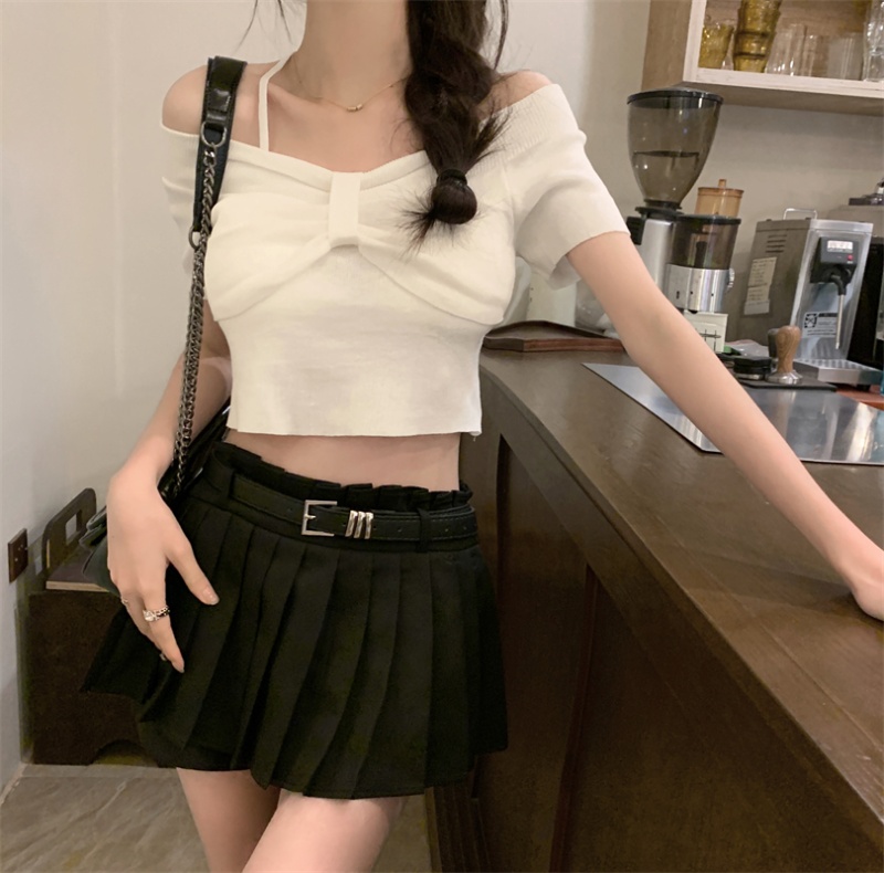 Unique bottoming white tops bandage short bow T-shirt