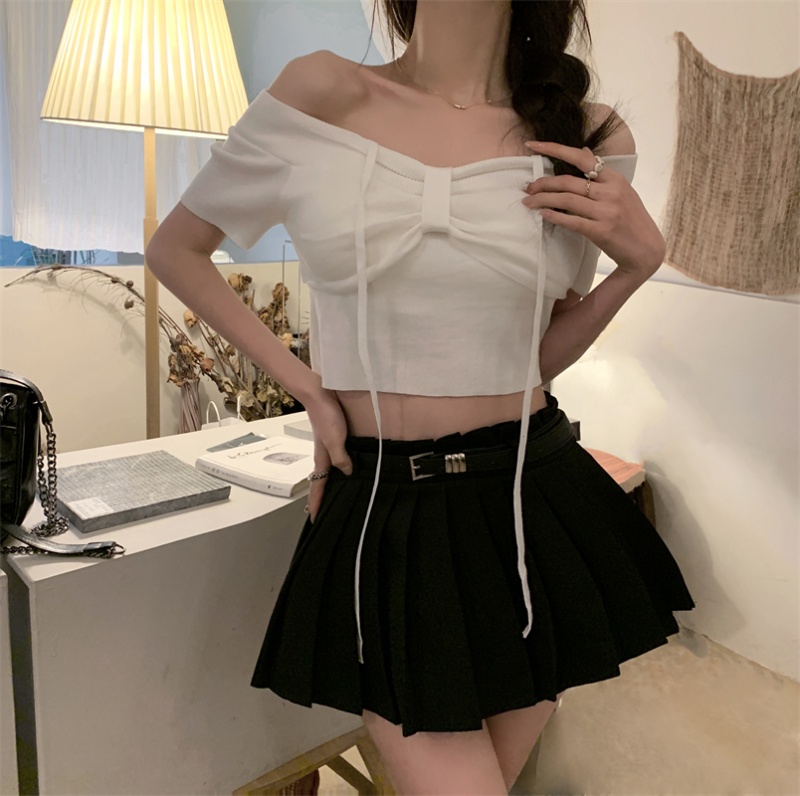 Unique bottoming white tops bandage short bow T-shirt