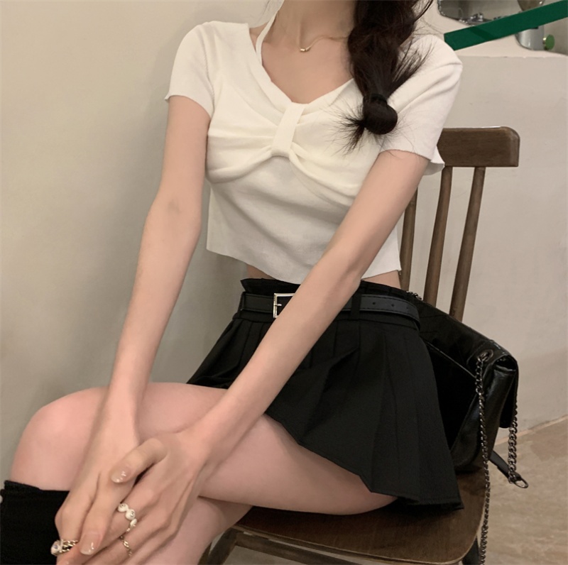 Unique bottoming white tops bandage short bow T-shirt