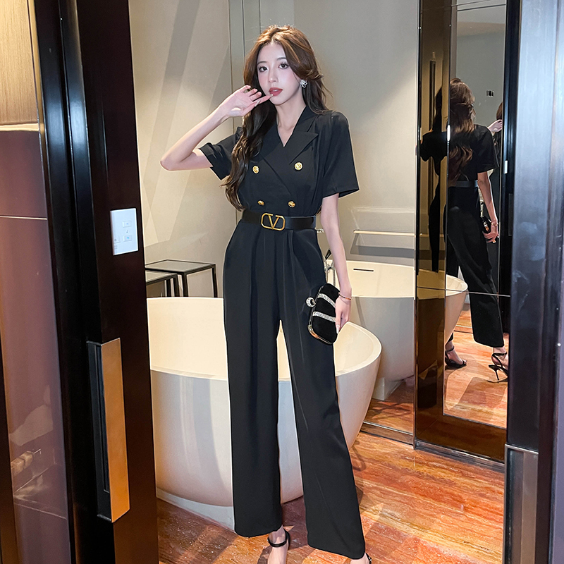 Double-breasted lapel fashion pinched waist jumpsuit
