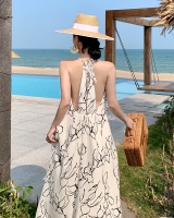 Seaside halter dress black-white vacation long dress