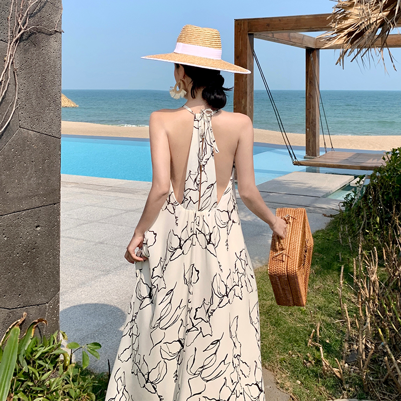Seaside halter dress black-white vacation long dress