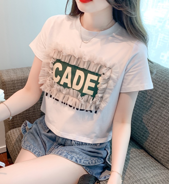 Short lace small shirt sweet round neck T-shirt for women
