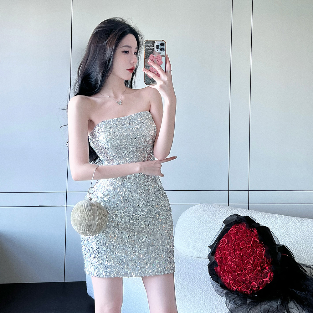 Sequins package hip dress glitter ladies evening dress