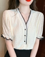 Lace summer small shirt short sleeve V-neck chiffon shirt