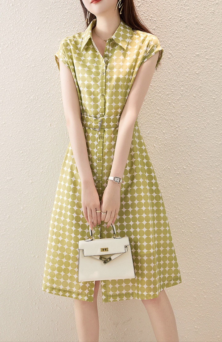 Polka dot long printing belt lapel summer dress for women