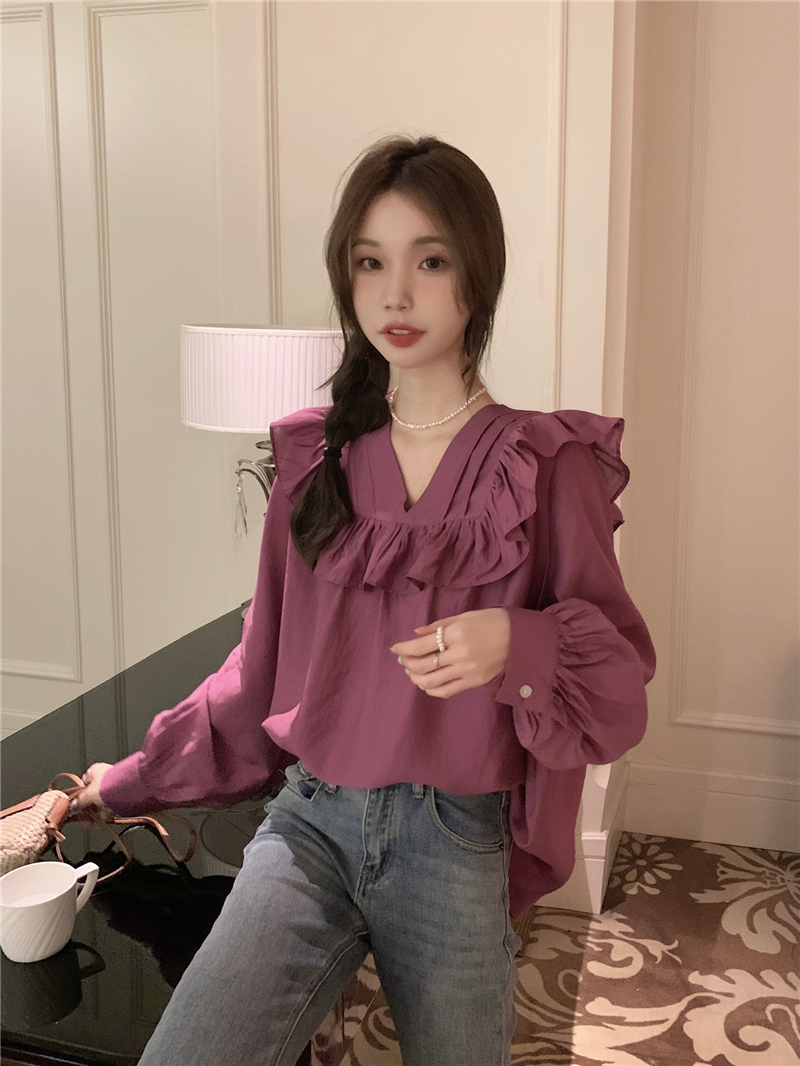 Long sleeve pure unique tops simple V-neck shirt for women
