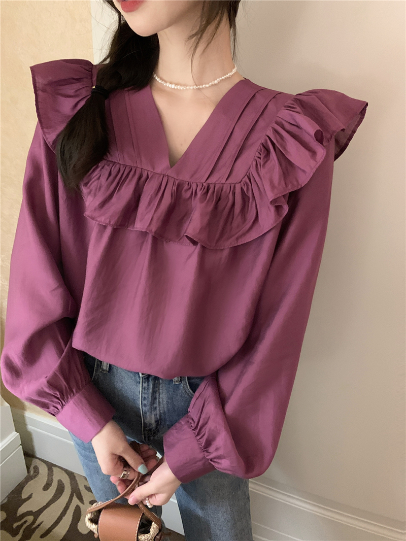 Long sleeve pure unique tops simple V-neck shirt for women