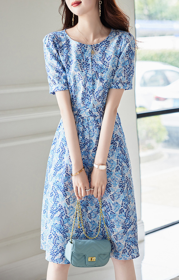 Floral slim round neck blue printing waist dress