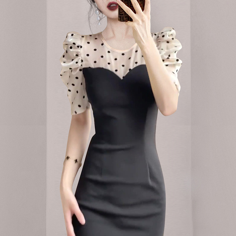 France style pinched waist black summer polka dot dress