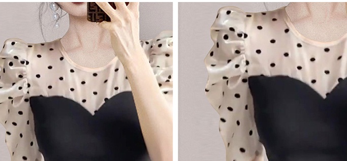 France style pinched waist black summer polka dot dress