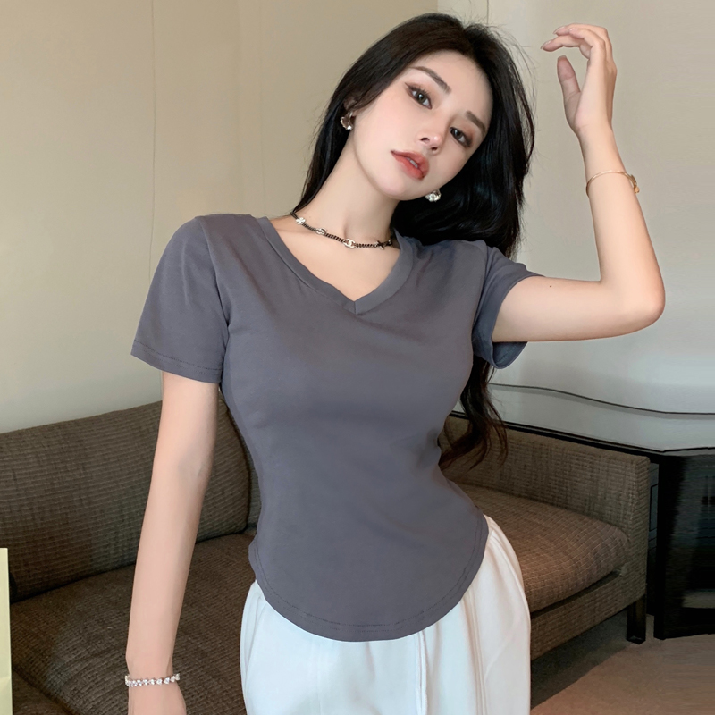 All-match V-neck tops pure cotton T-shirt for women