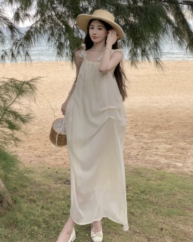 Summer beige slim tender sling sweet long dress