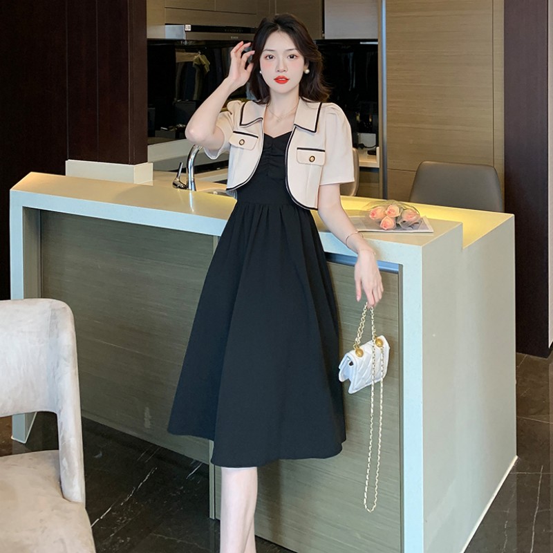 Fashion and elegant black coat sling dress 2pcs set