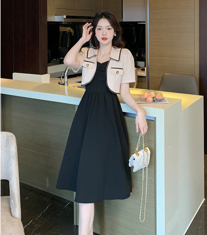 Fashion and elegant black coat sling dress 2pcs set