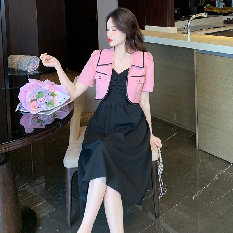 Fashion and elegant black coat sling dress 2pcs set