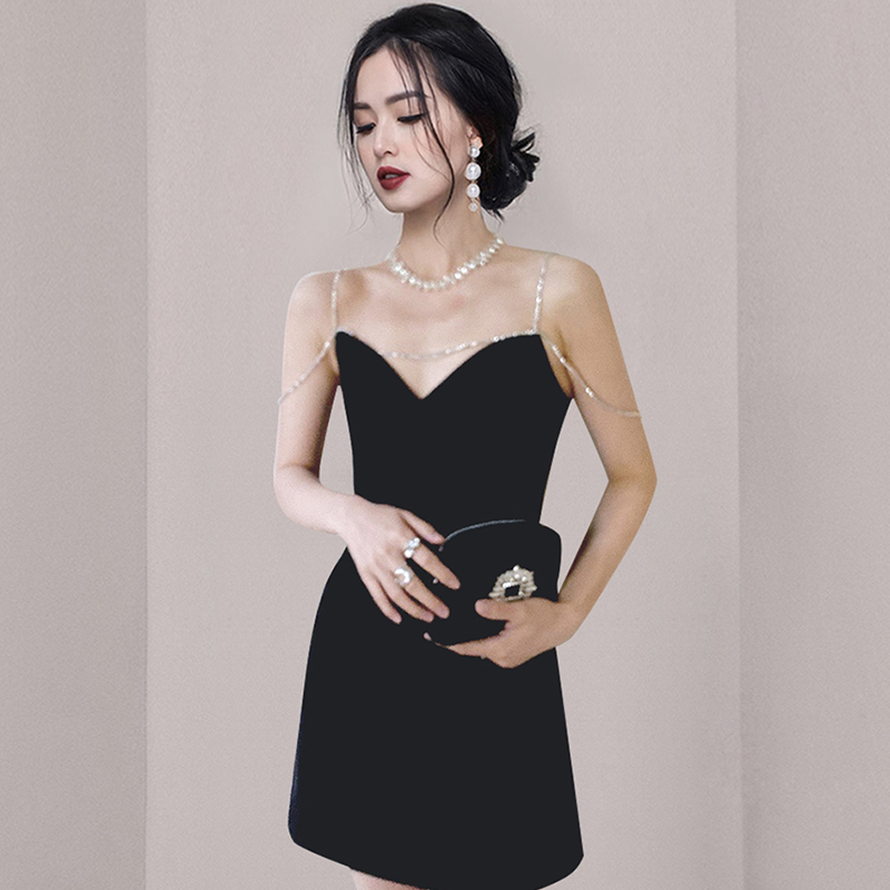 V-neck chain sling unique diamond sexy black dress