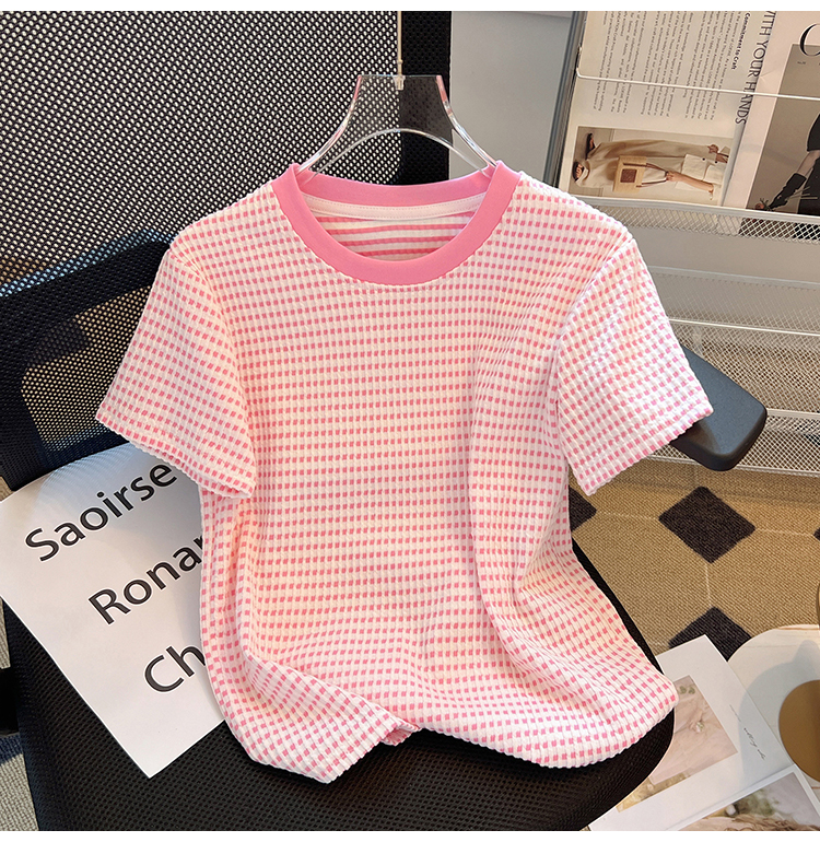 Round neck plaid short sleeve T-shirt summer fashion tops