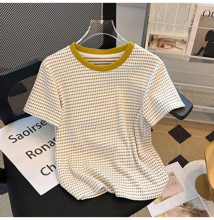 Round neck plaid short sleeve T-shirt summer fashion tops