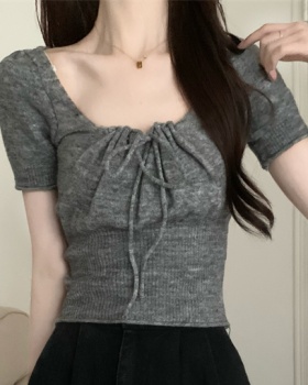 Knitted short tops square collar slim T-shirt for women