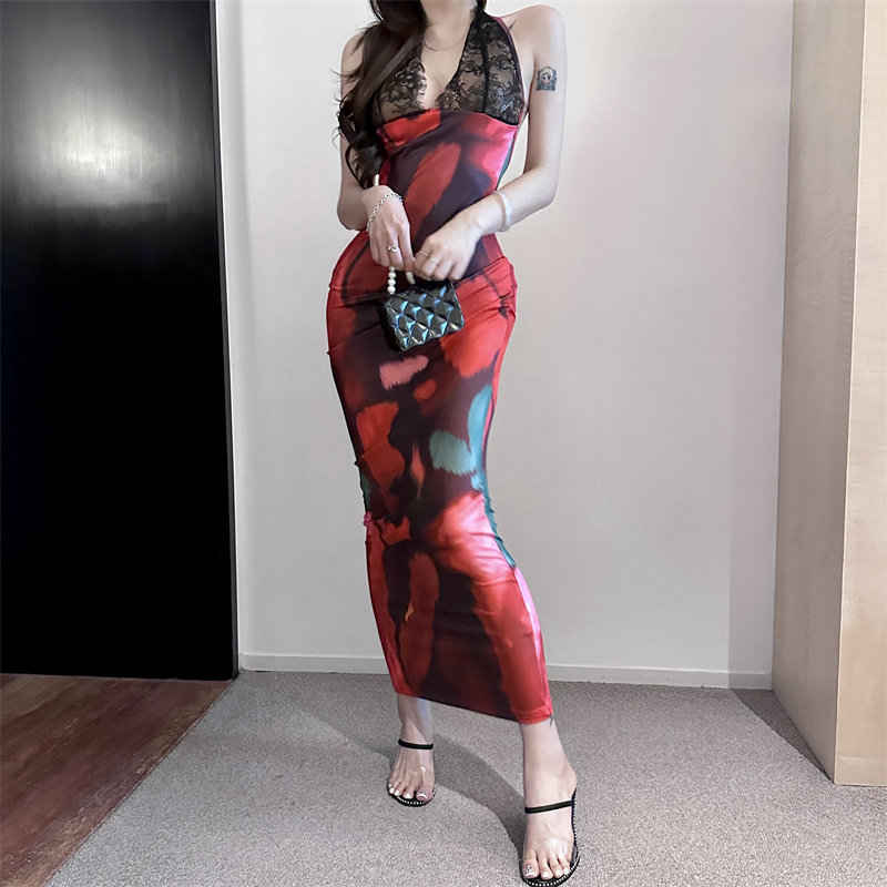 Halter sling slim lace printing sexy dress for women