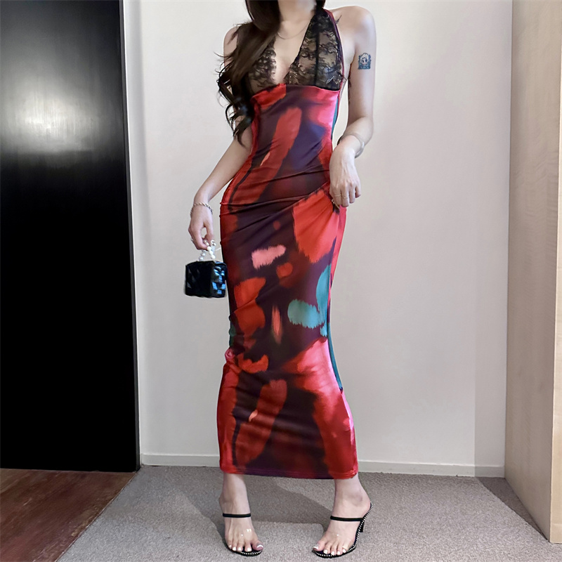 Halter sling slim lace printing sexy dress for women