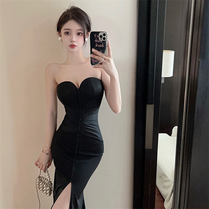Sexy fold wrapped chest long bottoming slim dress