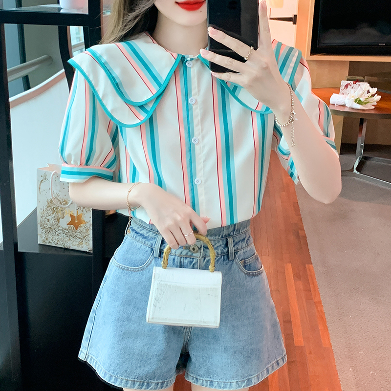 Korean style summer mixed colors stripe shirt for women