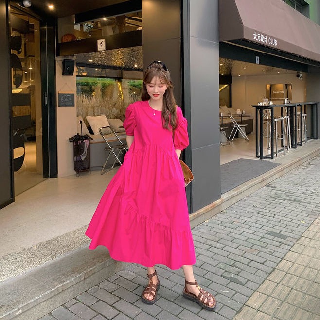 Pinched waist France style long dress puff sleeve dress