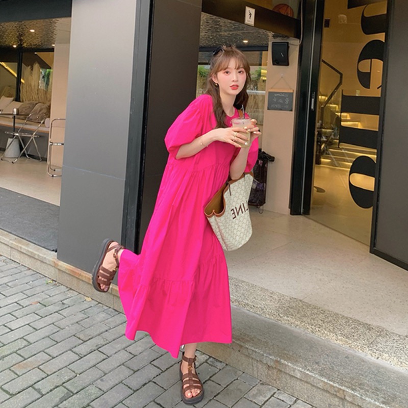 Pinched waist France style long dress puff sleeve dress